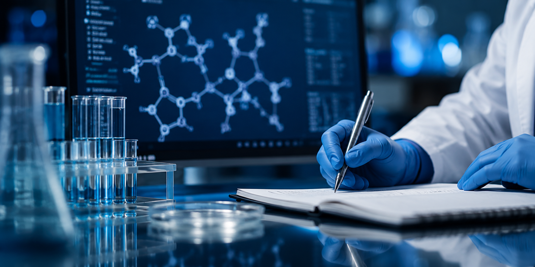 Scientist recording notes beside a molecular structure display