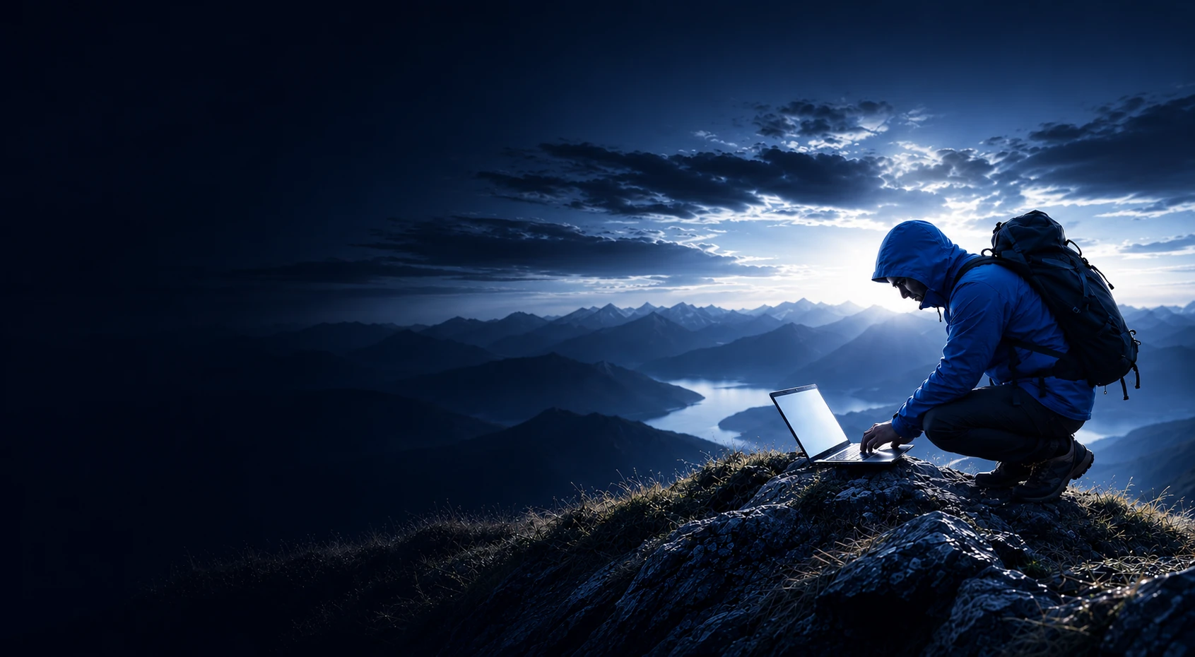 Researcher working on a laptop on a mountain summit at dusk